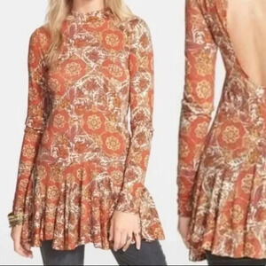 Free People Annabelle Tunic XS Rust‎ Paisley Mock Neck Long Sleeve Peplum Hem